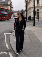 Y2K Aesthetic Black Tracksuit Set: Wide-Leg Pants & Full-Zip Jacket