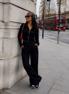 Y2K Aesthetic Black Tracksuit Set: Wide-Leg Pants & Full-Zip Jacket