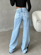 Y2K High-Waisted Acid Wash Wide-Leg Jeans with Deconstructed Frayed Hem