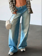 Y2K Low-Rise Frayed Waist Faded Denim Wide-Leg Jeans