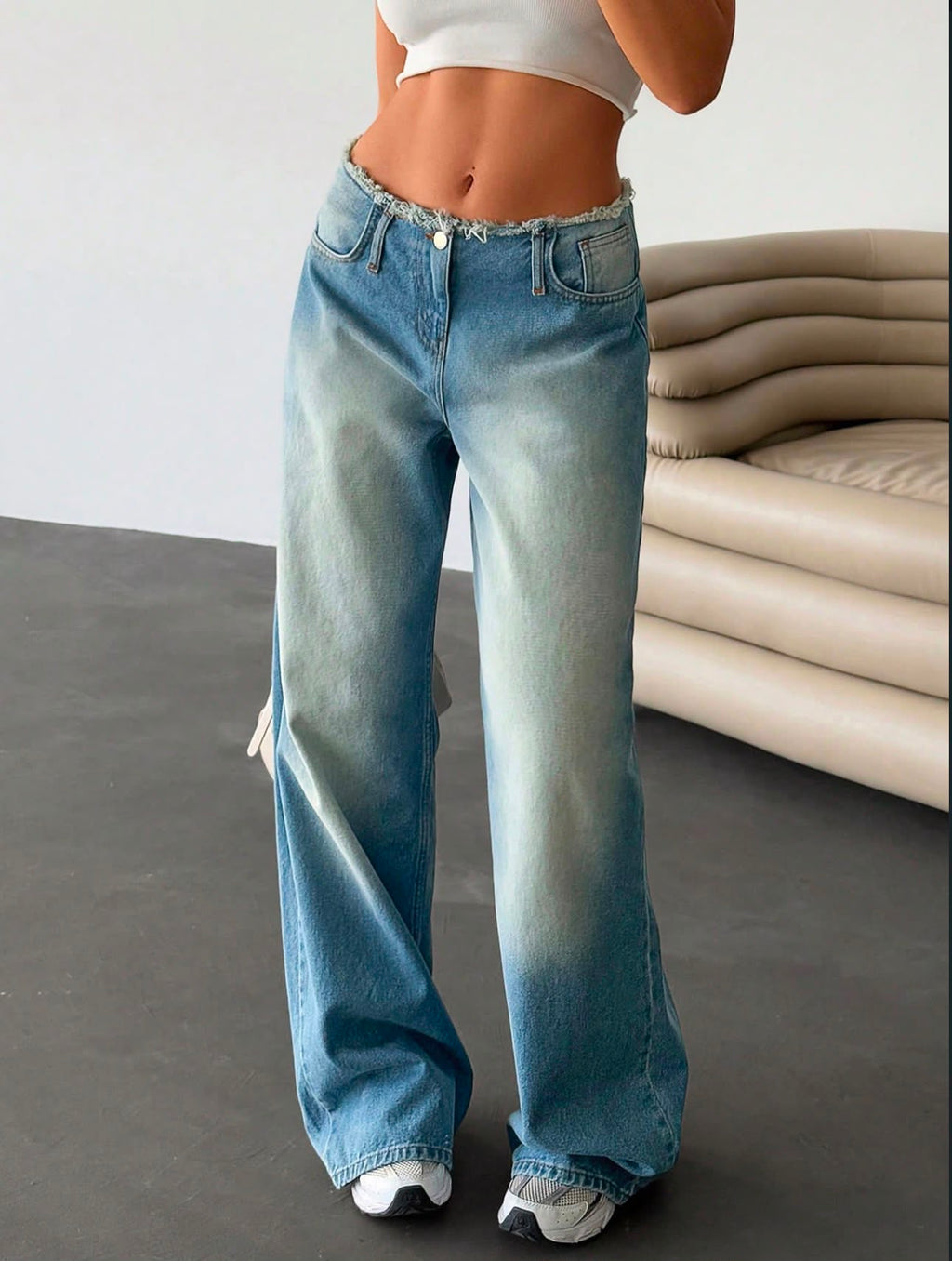 Y2K Low-Rise Frayed Waist Faded Denim Wide-Leg Jeans