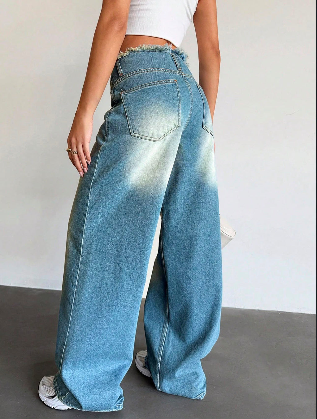 Y2K Low-Rise Frayed Waist Faded Denim Wide-Leg Jeans