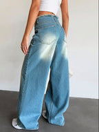 Y2K Low-Rise Frayed Waist Faded Denim Wide-Leg Jeans