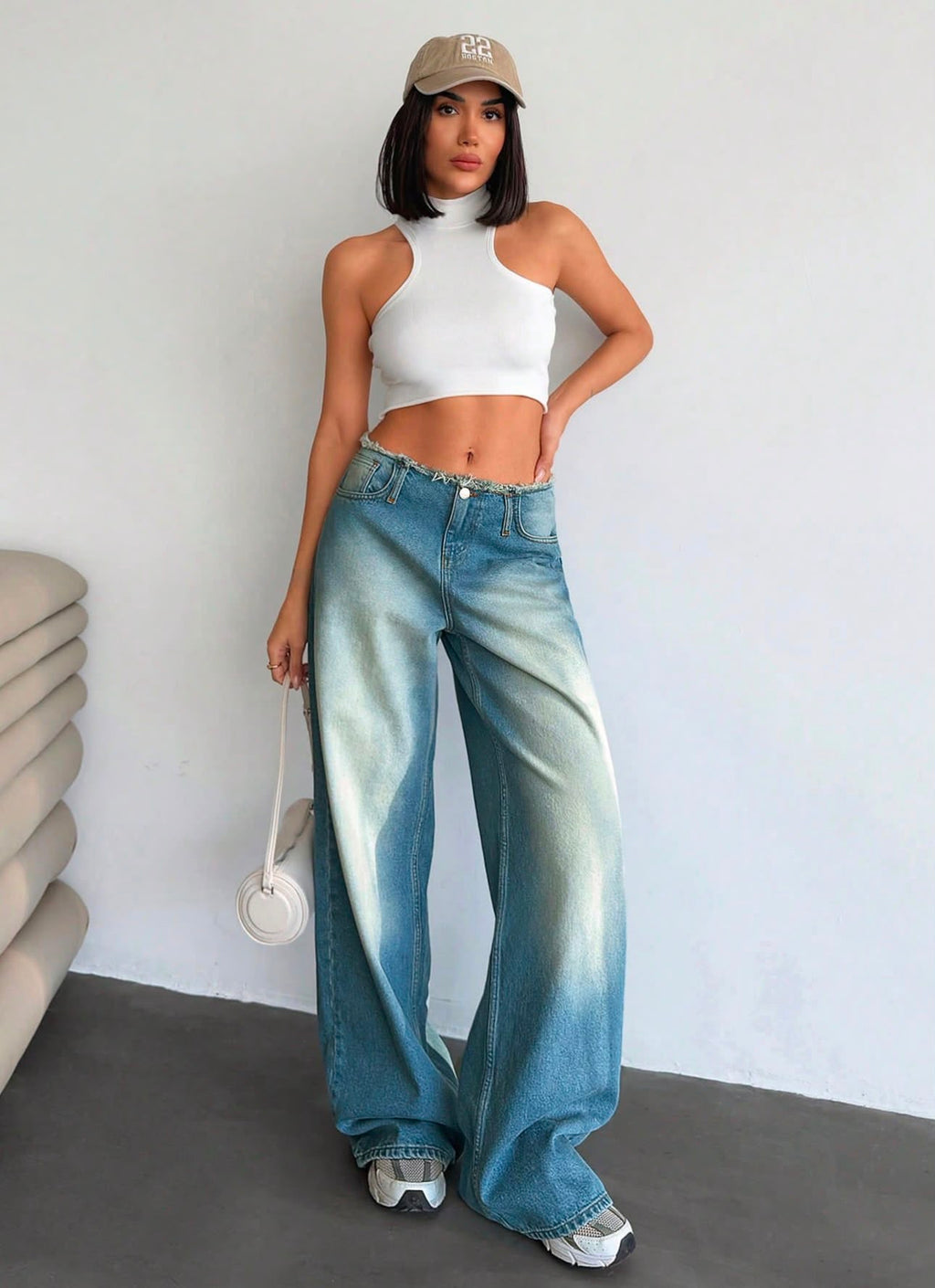 Y2K Low-Rise Frayed Waist Faded Denim Wide-Leg Jeans