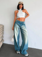 Y2K Low-Rise Frayed Waist Faded Denim Wide-Leg Jeans