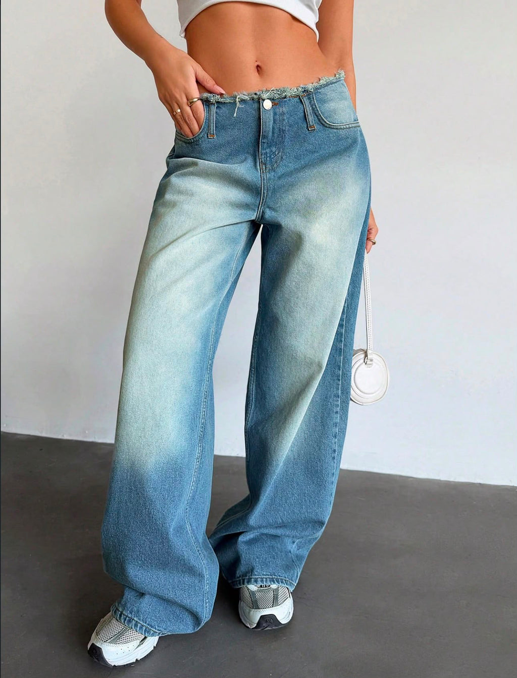 Y2K Low-Rise Frayed Waist Faded Denim Wide-Leg Jeans