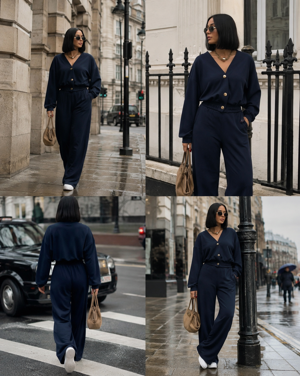 Women’s Navy Blue Button-Up Wide-Leg Co-Ord Set