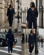 Women’s Navy Blue Button-Up Wide-Leg Co-Ord Set