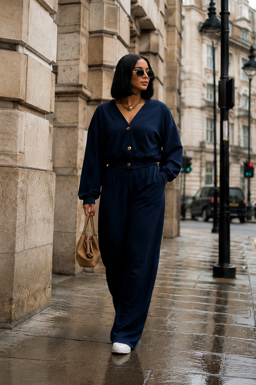 Women’s Navy Blue Button-Up Wide-Leg Co-Ord Set