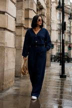 Women’s Navy Blue Button-Up Wide-Leg Co-Ord Set