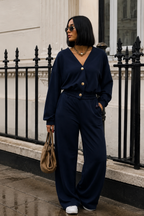 Women’s Navy Blue Button-Up Wide-Leg Co-Ord Set