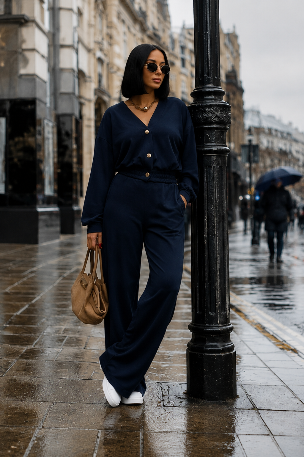 Women’s Navy Blue Button-Up Wide-Leg Co-Ord Set