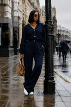 Women’s Navy Blue Button-Up Wide-Leg Co-Ord Set