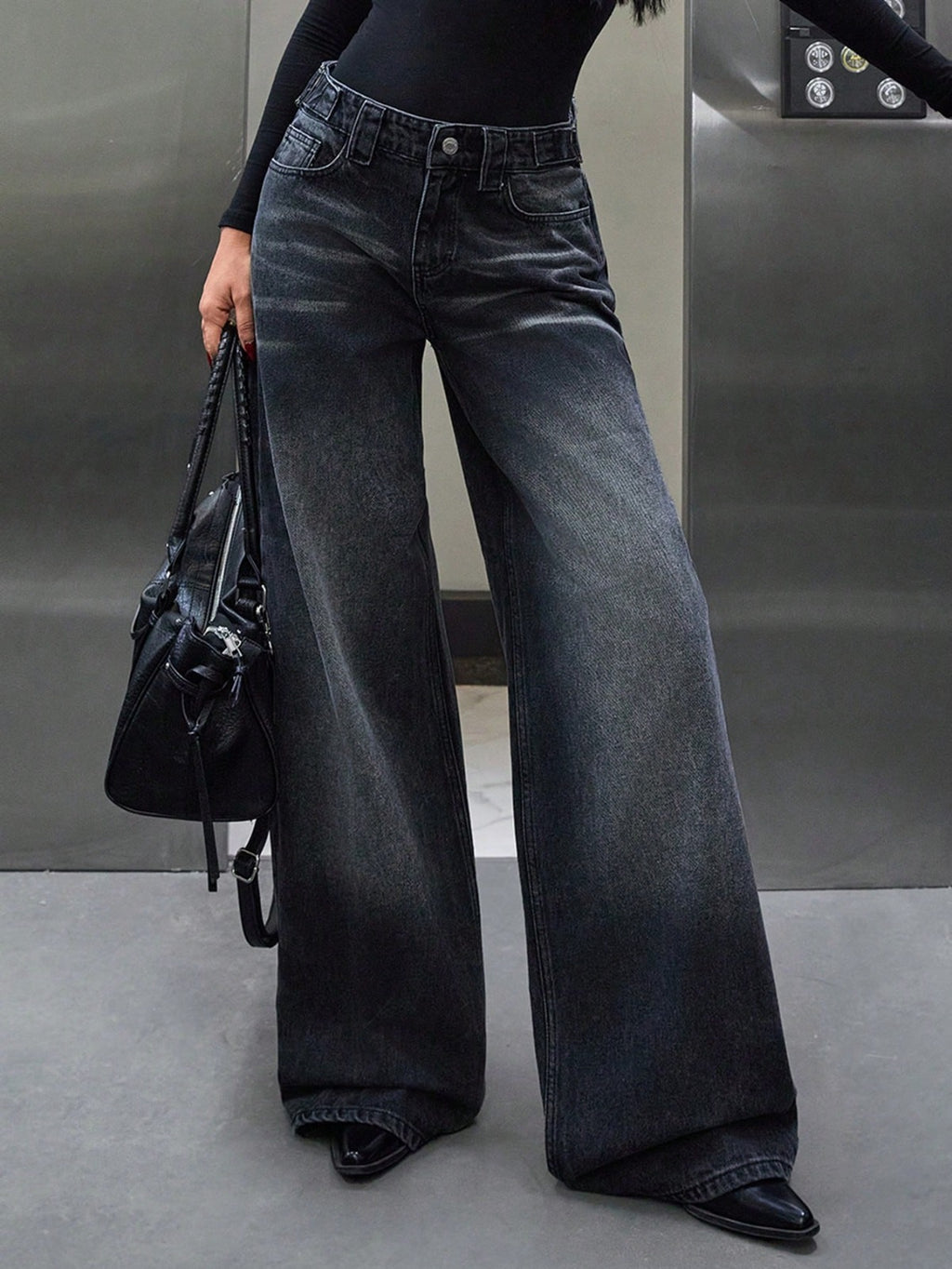 Y2K Grunge Faded Dark Denim Relaxed Wide-Leg Jeans
