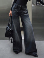 Y2K Grunge Faded Dark Denim Relaxed Wide-Leg Jeans