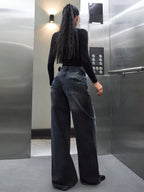 Y2K Grunge Faded Dark Denim Relaxed Wide-Leg Jeans