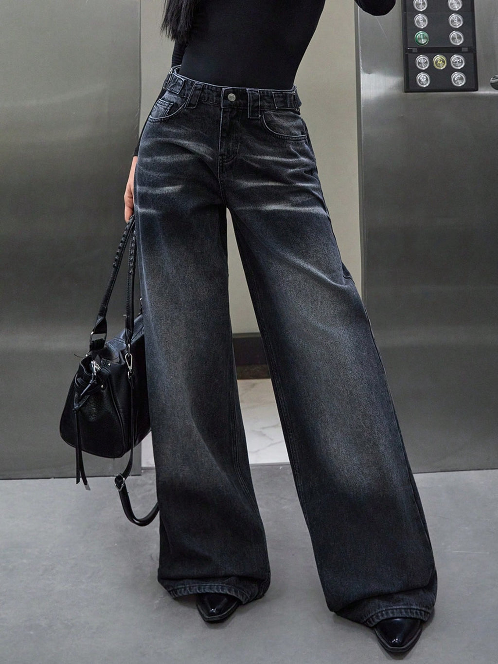 Y2K Grunge Faded Dark Denim Relaxed Wide-Leg Jeans
