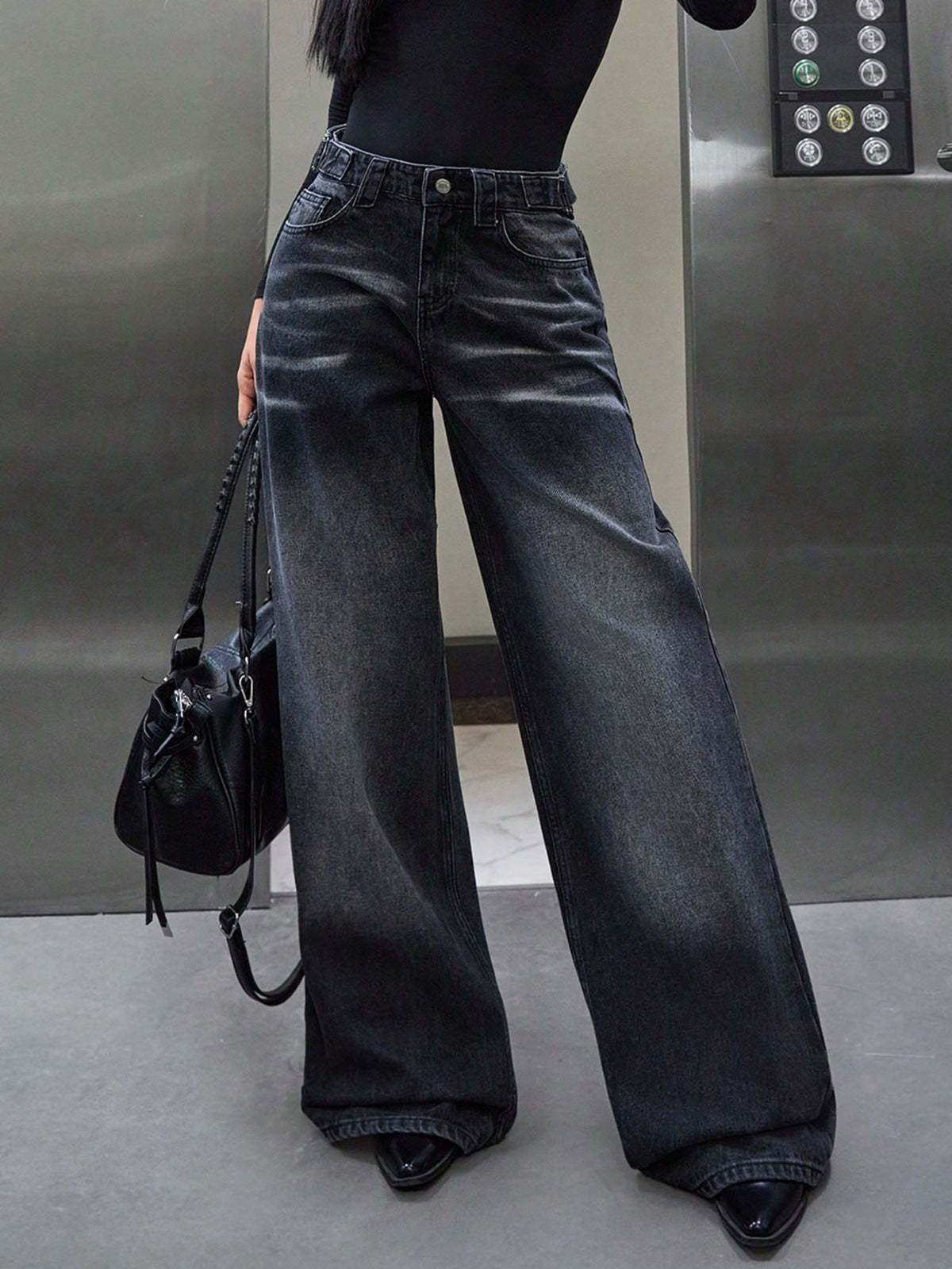 Y2K Grunge Faded Dark Denim Relaxed Wide-Leg Jeans