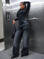 Y2K Grunge Faded Dark Denim Relaxed Wide-Leg Jeans