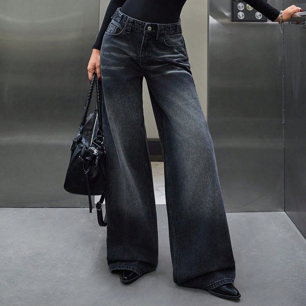 Y2K Grunge Faded Dark Denim Relaxed Wide-Leg Jeans